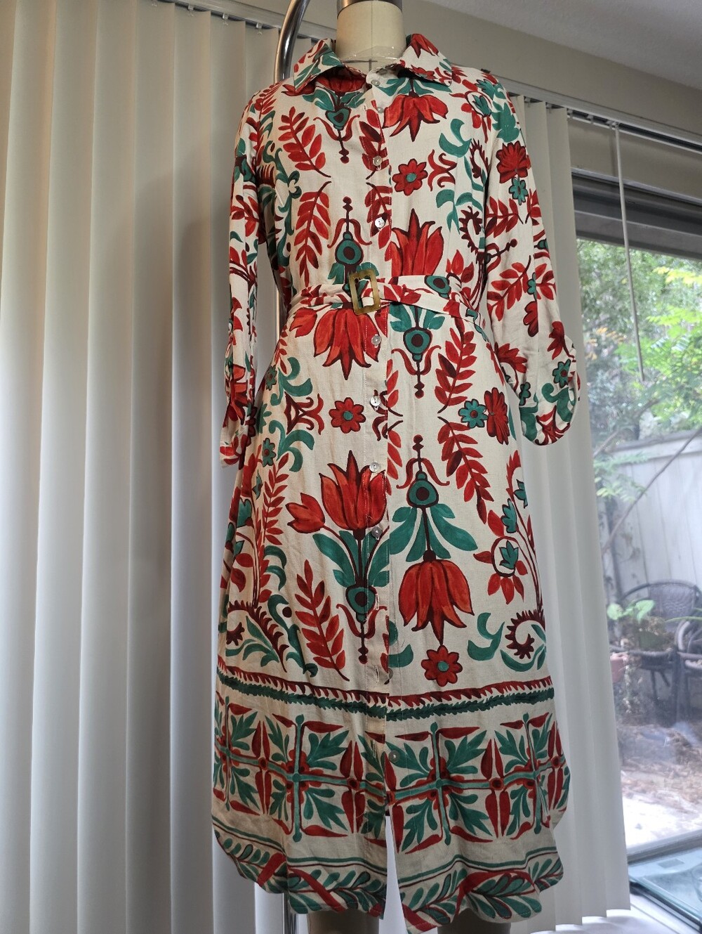 fig and flower Red & Green Floral Midi Shirt Dress
